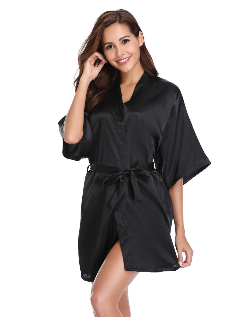 Vlazom Women's Kimono Robes Short Satin Pure Color Bridal Party Robe with Oblique V-Neck Black - Image 3